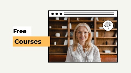 A woman is smiling in front of the homepage with free courses, in the style of tonalist genius, western-style portraits, contained chaos, back button focus, rounded forms, minimalist impulses, strong lines