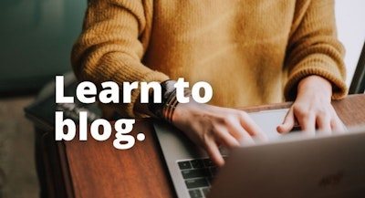 A student studying blogging is writing a blog using an Apple MacBook laptop. This image makes it clear that students are being taught blogging skills. This is blogging course cover image.