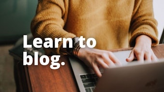 A student studying blogging is writing a blog using an Apple MacBook laptop. This image makes it clear that students are being taught blogging skills. This is blogging course cover image.