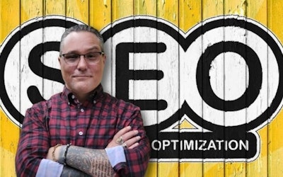 A man who made a video to give information about SEO. Corporate photo. A man stands on the edge of a wall with SEO optimization sign, yellow and bronze style, tattoos, wood frame construction, bold and colorful portraits, focus on materials, scott adams, black and white masterpiece --ar 16:9
