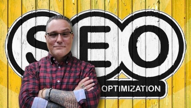 A man who made a video to give information about SEO. Corporate photo. A man stands on the edge of a wall with SEO optimization sign, yellow and bronze style, tattoos, wood frame construction, bold and colorful portraits, focus on materials, scott adams, black and white masterpiece --ar 16:9