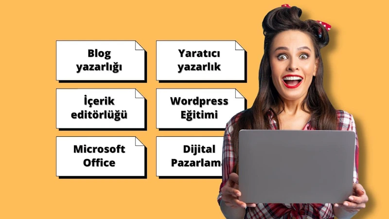 Bu görüntüde elinde dizüstü bilgisayar tutan ve muhtemelen evden blog yazarak nasıl para kazanılacağına dair çevrimiçi bir kurs alan bir kadın görülüyor. Dizüstü bilgisayar ekranında aynı konuyla ilgili bir başlık içeren bir sayfa görüntüleniyor. Kadının odaklanmış ve kararlı ifadesi kursu ciddiye aldığını gösteriyor. Bu kurs, izleyicilere başarılı bir ev tabanlı blogu nasıl başlatacaklarını ve sürdüreceklerini ve nihayetinde bundan nasıl para kazanacaklarını öğreten altı eğitimden oluşmaktadır. Bu kurs, gerekli tüm kaynakları ve rehberliği sağladığından, bir blog başlatmak ve ekstra gelir elde etmek isteyen herkes için mükemmeldir.