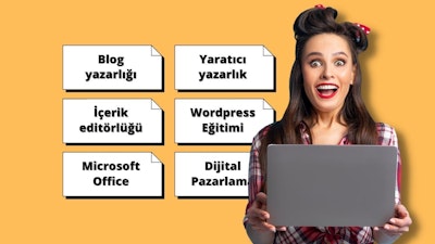 Bu görüntüde elinde dizüstü bilgisayar tutan ve muhtemelen evden blog yazarak nasıl para kazanılacağına dair çevrimiçi bir kurs alan bir kadın görülüyor. Dizüstü bilgisayar ekranında aynı konuyla ilgili bir başlık içeren bir sayfa görüntüleniyor. Kadının odaklanmış ve kararlı ifadesi kursu ciddiye aldığını gösteriyor. Bu kurs, izleyicilere başarılı bir ev tabanlı blogu nasıl başlatacaklarını ve sürdüreceklerini ve nihayetinde bundan nasıl para kazanacaklarını öğreten altı eğitimden oluşmaktadır. Bu kurs, gerekli tüm kaynakları ve rehberliği sağladığından, bir blog başlatmak ve ekstra gelir elde etmek isteyen herkes için mükemmeldir.