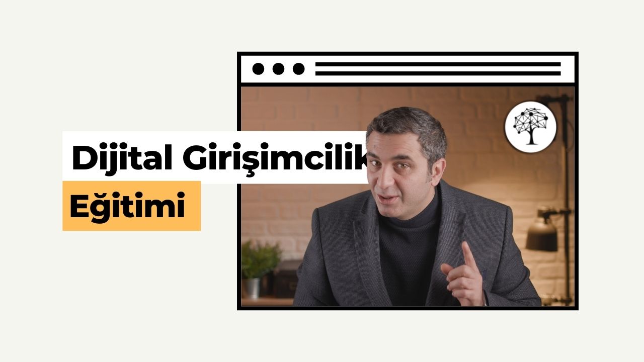 Bu görselde "Dijital Girişimcilik Eğitimi" yazısı var. Bu, alanında uzman biri tarafından verilen dijital girişimcilik konusunda bir kurstur. Erkek akademisyen, ders içeriğini anlatırken çekilmiş gri bir ceket ve siyah bir kazak giymiştir. Görsel, bir Canon sinema kamerası kullanılarak profesyonelce 8K çözünürlükte çekilmiştir. Eğitmen, dijital girişimcilikle ilgili bilgilerini tutkuyla paylaşırken pozlanmış, yumuşak bir ışık var, bir web tarayıcı sayfasını temsil edecek şekilde akademisyenin görsel yerleştirilmiş. Resim, "IIENSTITU" logosunu içerir ve bunun bir kurs ve akademik platform olduğunu ifade ediyor, bu bir üniversitedir.