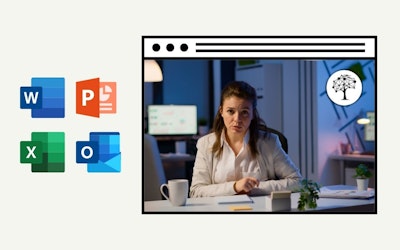Bu görüntü Microsoft Office programlarına odaklanan bir çevrimiçi kursu tasvir ediyor. Masa başında oturan bir kadın görülüyor, dikkati muhtemelen önündeki bilgisayar ekranına odaklanmış. Ekran bulanık, ancak üzerinde bir ağaç logosu görülebiliyor. Kadının sağında beyaz bir kupa, beyaz bir saksı içinde bir saksı bitkisi ve saksı içinde bir bitki görüntüye rahat bir ev hissi katıyor. Masanın üzerinde turuncu zemin üzerine beyaz bir harf, farklı renklerde bir grup simge ve üzerinde beyaz bir x işareti bulunan yeşil bir kare var. Bu görsel hep birlikte Microsoft Office programlarına odaklanan çevrimiçi bir kurstan bahsediyor ve hem rahat hem de eğitici bir atmosfer sunuyor.