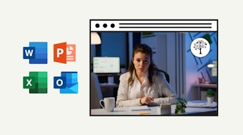 Bu görüntü Microsoft Office programlarına odaklanan bir çevrimiçi kursu tasvir ediyor. Masa başında oturan bir kadın görülüyor, dikkati muhtemelen önündeki bilgisayar ekranına odaklanmış. Ekran bulanık, ancak üzerinde bir ağaç logosu görülebiliyor. Kadının sağında beyaz bir kupa, beyaz bir saksı içinde bir saksı bitkisi ve saksı içinde bir bitki görüntüye rahat bir ev hissi katıyor. Masanın üzerinde turuncu zemin üzerine beyaz bir harf, farklı renklerde bir grup simge ve üzerinde beyaz bir x işareti bulunan yeşil bir kare var. Bu görsel hep birlikte Microsoft Office programlarına odaklanan çevrimiçi bir kurstan bahsediyor ve hem rahat hem de eğitici bir atmosfer sunuyor.