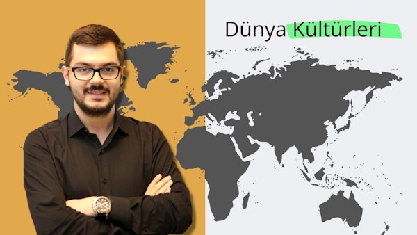 Bu görüntüde kollarını kavuşturmuş, gözlüklü ve sakallı bir adam görülüyor. Bir dünya haritasına bakıyor gibi görünüyor. Görüntüde ayrıca bulanık bir saat ve adamın gözlerinin yakın çekimi de yer alıyor. Bu, izleyicilerin dünyadaki farklı kültürleri ve yerleri tanımalarına yardımcı olan bir dünya kültürleri ve destinasyonları eğitim kursunun bir parçası gibi görünüyor.