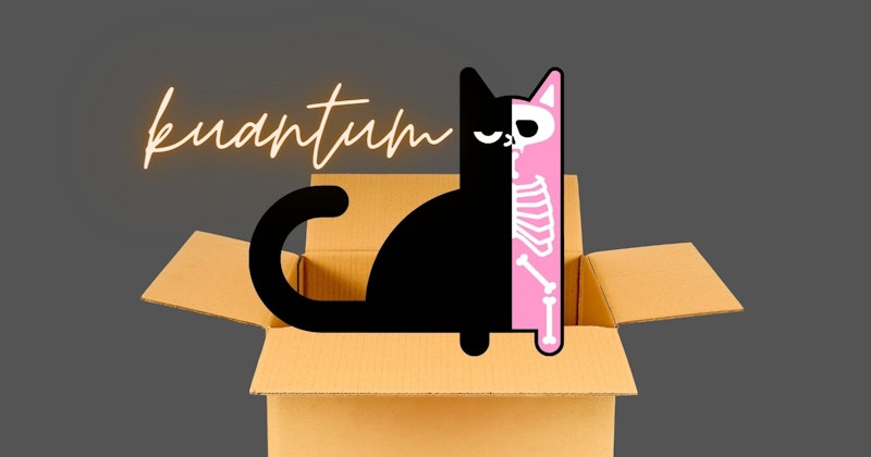 Kahverengi bir karton kutunun içinde oturan biri siyah diğeri pembe iki kedinin yakın çekimi. Siyah kedi dümdüz ileriye bakmakta, tüyleri hafifçe kabarırken bıyıkları görünmektedir. Pembe kedi siyah kedinin yanında oturuyor, tüyleri kabarık ve gözleri kocaman açık. Yanlarındaki kutuda beyaz bir kalem yatıyor, diğer tarafında siyah bir arka plan olan dikdörtgen beyaz bir nesne. Kutunun kenarları boyunca uzanan beyaz çizgiler görüntünün genel detayına katkıda bulunuyor.