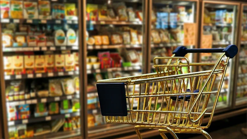 Bu resmin ön planında bir markette bulunan bir alışveriş arabası görülüyor. Dikdörtgen şeklinde, gümüş renkli, kavisli saplı ve dört tekerlekli bir konteynırdır. Alışveriş arabasının ortasında boydan boya uzanan siyah bir çubuk ve bu çubuğu çapraz bir şekilde kesen altın çubuklar var. Arabanın sol tarafındaki siyah yüzeyde yeşil bir kare yer alıyor. Arka planda, kısmen görünen bir mağaza rafı ile bulanık bir tabela görülüyor. Alışveriş arabası bu resmin odak noktasıdır ve yakın çekimi çerçevenin çoğunu kaplamaktadır. Alışveriş arabasının alışveriş için pratik kullanımını gösteren birkaç ürünle dolu olduğu görülüyor.