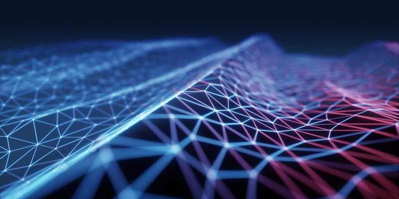 Bir ağın bu yakın çekim görüntüsü mavi ve siyah bir arka plan sunuyor. Ağ, karmaşık bir düzende yerleştirilmiş bir dizi kablo, konektör ve bağlantı noktasından oluşuyor. Gri ve siyah kutular, kablolar ve bağlantı noktaları dahil olmak üzere birkaç farklı bileşenden oluşuyor gibi görünüyor. Genel şekli dikdörtgen şeklinde olup kablolar ve bağlantı noktaları dikdörtgen bir çerçeve oluşturuyor gibi görünmektedir. Kablolar sıkıca gruplanmış, kablolar ve bağlantı noktaları tekrar eden bir düzende yerleştirilmiş gibi görünmektedir. Bağlantı noktaları bir sıra halinde düzenlenmiş gibi görünüyor ve kablolar bağlantı noktalarını ortada birleştiriyor. Görüntüde çok fazla ayrıntı var, küçük ayrıntılar ve dokular görülebiliyor.