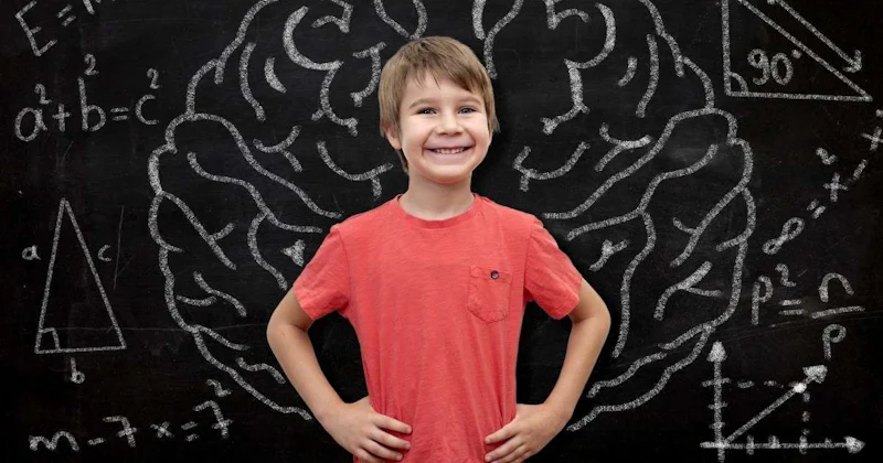 Genç bir çocuk, yüzünde bir gülümsemeyle, elleri kalçalarında, siyah bir kara tahtanın önünde duruyor. Üzerinde beyaz bir tişört ve gri bir şort var. Kısa kahverengi saçları hafifçe dağınıktır. Ayaklarını hafifçe açarak duruyor ve dümdüz ileriye bakıyor. Yüz ifadesi neşe ve heyecan dolu. Gözleri parlak ve ağzı hafifçe açık. Yanakları hafif pembedir ve teni açık altın tonundadır. Kendinden emin ve öğrenmeye hevesli görünüyor. Arkasındaki kara tahtanın üzerinde birkaç not ve denklem yazılı. Kara tahta tozla kaplı ve yanında bir silgi var.