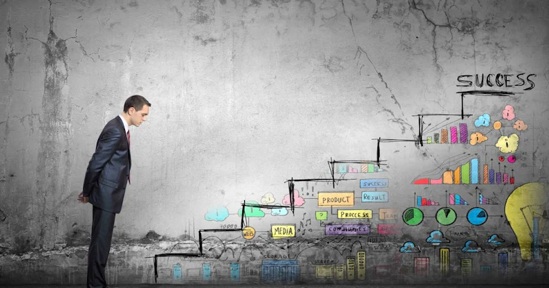 Görüntüdeki adam yavaşça bir merdivenden yukarı doğru yürüyor. Üzerinde siyah bir ceket ve takım elbise var ve ellerini ceplerine sokmuş. Yüzünde kararlı bir ifade var. Arka planda, tavandan sarkan sarı bir ampul sahneye biraz aydınlatma sağlıyor. Yan tarafta, üzerinde siyah yazılar olan beyaz bir yüzey görülüyor. Daha arka planda, çeşitli iş fikirlerinin çizimi görülebiliyor. Görüntünün sağ alt köşesinde bir binanın yakın çekimi görülmektedir. Görüntünün sol tarafında bir kişinin bacağının yakın çekimi görülüyor. Resimdeki adam odaklanmış ve kararlı bir şekilde merdivenlerden yukarı doğru yürüyor.