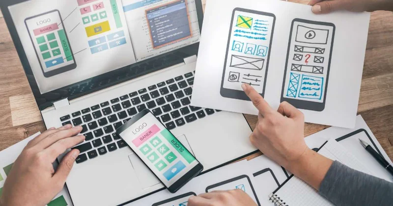 Bir kişi dizüstü bilgisayar ve cep telefonunu birlikte kullanıyor. Kişi bir kağıt parçası üzerindeki bir çizimi işaret ediyor ve diğer eli dizüstü bilgisayarın klavyesinde. Bir kalemin yakın çekimi var ve kişinin eli de bir parça kağıt tutuyor. Çizim bir tel kafes veya bir web sayfası gibi görünüyor. Kişi çizime odaklanmış gibi görünüyor ve ifadesi düşünceli.