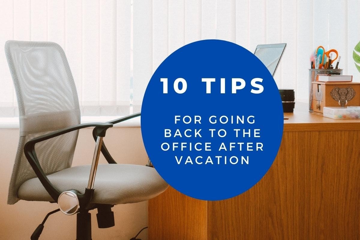 A chair with a mesh back is situated next to a desk. The desk is rectangular in shape and has a blue circle with white text on top. On the left of the desk is a white letter on a blue background and a white number on a blue background. On the right side of the desk, there is a brown box with an elephant head and a group of scissors and pencils. Above the desk is a blue circle with a close-up of a tablet underneath it.