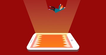 A cartoon of a person falling off a cell phone is depicted in this image. The background of the image is an orange and brown rectangular shape. The person falling is a man and is flying through the cell phone. He is wearing a blue shirt and has his arms and legs spread out. His facial expression is one of surprise. His hair is black and his eyes are wide open. He appears to be floating in mid-air. The cell phone is black with a silver border and a white screen. The phone has an open door and the man is falling out of it. The phone has a yellow and blue logo on the back. The scene is set in a cartoonish and whimsical environment. The colors are vibrant and the atmosphere is lighthearted. The image is humorous and captures the surprise of the person's fall.