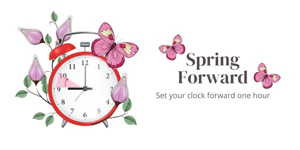 This image depicts a clock with a large colorful butterfly perched on top of it. The butterfly has yellow and white wings and a pink body. The clock face has a white background filled with pink and purple flowers, as well as yellow and green leaves. On the left side of the clock is a grey object, and below the clock is a cartoon of a garlic bulb. On the right side of the clock is a close up of a word. The butterfly and the flowers give the clock a whimsical and dreamlike feel. Altogether, the image is a beautiful display of colors and shapes.