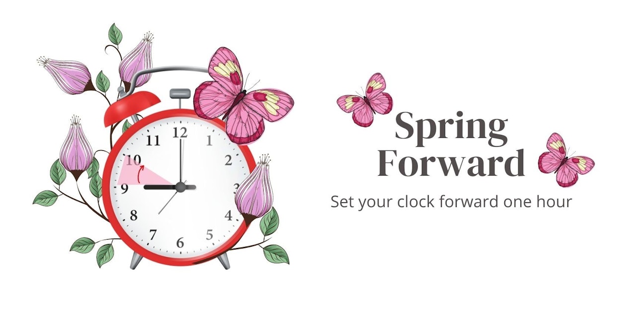 This image depicts a clock with a large colorful butterfly perched on top of it. The butterfly has yellow and white wings and a pink body. The clock face has a white background filled with pink and purple flowers, as well as yellow and green leaves. On the left side of the clock is a grey object, and below the clock is a cartoon of a garlic bulb. On the right side of the clock is a close up of a word. The butterfly and the flowers give the clock a whimsical and dreamlike feel. Altogether, the image is a beautiful display of colors and shapes.