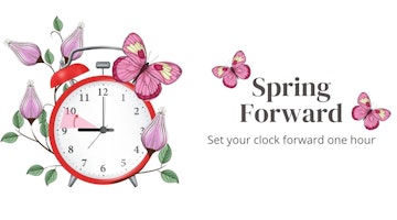 This image depicts a clock with a large colorful butterfly perched on top of it. The butterfly has yellow and white wings and a pink body. The clock face has a white background filled with pink and purple flowers, as well as yellow and green leaves. On the left side of the clock is a grey object, and below the clock is a cartoon of a garlic bulb. On the right side of the clock is a close up of a word. The butterfly and the flowers give the clock a whimsical and dreamlike feel. Altogether, the image is a beautiful display of colors and shapes.