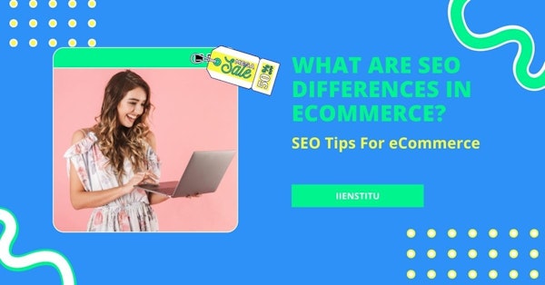 A woman with long, dark hair is sitting on a blue and white background, looking at a laptop she is holding in her hands. She has a very pleasant expression on her face, and she is wearing a white top and dark bottoms. There is a yellow and blue tag with green text on the right side of the image, and a blue sign with green text on the left. In the background there is a blue background with many yellow dots and a green and white line. A green and white snake can be seen on the right side of the image.