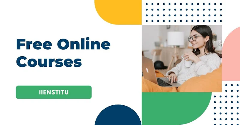 A young woman is sitting on a bed, using a laptop computer. She is wearing glasses and has a smile on her face. In the foreground, there is a black hat on a table, and in the background, a green sign with white letters can be seen. Also, a blue circle with white text can be seen in the corner of the image. A blurry image of a lamp is visible on the left, and the woman is also holding a cup in her right hand. The scene is well lit and the woman appears to be deep in thought, using her laptop.