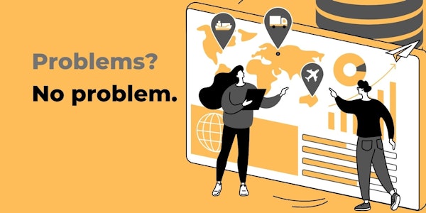 A woman stands beside an expansive screen, showing a map of different locations. She holds a clipboard in her hands as she looks intently at the map. A man in a black shirt and grey pants is pointing to something on the map. On the right-hand side of the map, there is a truck symbol with a pointer. On the left-hand side, there is a white airplane on a black and orange pin. Above the map is a yellow and black striped object, with a white object with black lines beside it. Below the map is a yellow and white logo and a yellow and grey sign with black text.