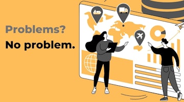 how did you use your problem solving skills to handle complex situations A woman stands beside an expansive screen, showing a map of different locations. She holds a clipboard in her hands as she looks intently at the map. A man in a black shirt and grey pants is pointing to something on the map. On the right-hand side of the map, there is a truck symbol with a pointer. On the left-hand side, there is a white airplane on a black and orange pin. Above the map is a yellow and black striped object, with a white object with black lines beside it. Below the map is a yellow and white logo and a yellow and grey sign with black text.