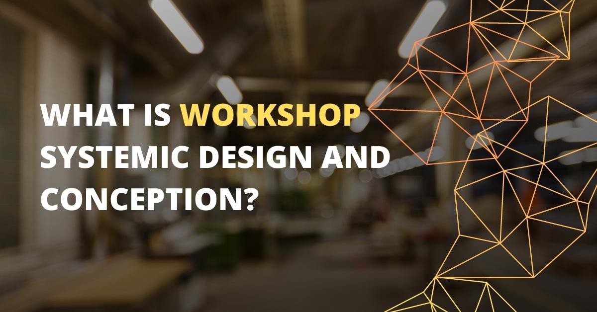 This close-up image shows a workshop, with a logo in the background on the right side. The logo is a white text on a black background, and there is a light on the ceiling as well. There is also a yellow letter on a black background in the lower middle of the image. In the foreground, there is a triangle in focus, and a blurry image of a person's hand just to the left. The room has a window and a sign in the background, and the overall image is slightly out of focus.