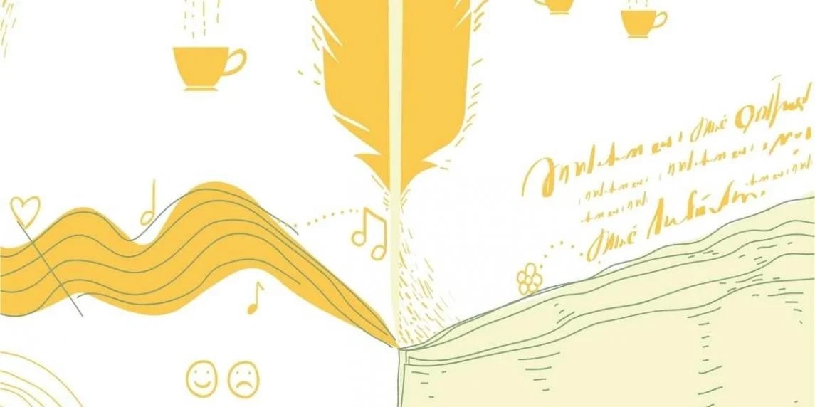 Bu bir kitap ve bir tüy resmidir. Kitap sarı ve beyaz şeritlidir, tüy de sarı ve beyaz uçludur. Kitabın sağ tarafında kulplu sarı bir çay fincanı var. Kitabın yanında beyazla çizilmiş bir kalp var. Arka planda, üzerinde notlar olan sarı bir dalga ve bir tepe karikatürü var. Kitabın solunda bir adam karikatürü var. Resmin alt köşesinde ise bir yüzün yakın çekimi yer almaktadır. Bu görsel, bir kitap ve bir tüyün yaratıcı ve eğlenceli bir temsilidir.
