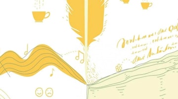 Bu bir kitap ve bir tüy resmidir. Kitap sarı ve beyaz şeritlidir, tüy de sarı ve beyaz uçludur. Kitabın sağ tarafında kulplu sarı bir çay fincanı var. Kitabın yanında beyazla çizilmiş bir kalp var. Arka planda, üzerinde notlar olan sarı bir dalga ve bir tepe karikatürü var. Kitabın solunda bir adam karikatürü var. Resmin alt köşesinde ise bir yüzün yakın çekimi yer almaktadır. Bu görsel, bir kitap ve bir tüyün yaratıcı ve eğlenceli bir temsilidir.
