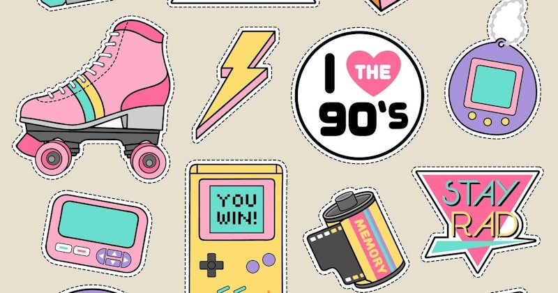 Bu görsel, sarı ve mavi metinli pembe bir üçgen, siyah metinli beyaz bir daire ve pembe bir kalp, pembe bir paten çıkartması, pembe ekranlı ve mor düğmeli sarı bir oyun konsolu, bir film rulosu çıkartması, beyaz metinli pembe bir kalp, sarı ve pembe bir şimşek ve bir karikatür video oyun cihazı dahil olmak üzere bir dizi karikatür yaması içermektedir. Görüntü pembe, sarı, mavi, mor, beyaz ve siyah dahil olmak üzere çeşitli renk ve dokulardan oluşmaktadır. Pembe üçgen ve pembe kalp beyaz bir arka plan üzerine yerleştirilirken, sarı oyun konsolu ve pembe paten daha koyu bir arka plan üzerine yerleştirilmiştir. Film rulosu etiketinin dokusu hafif pürüzlüdür ve şimşek parlak sarı ve pembe renklere sahiptir. Genel olarak bu görsel eğlenceli bir atmosfer sunuyor.