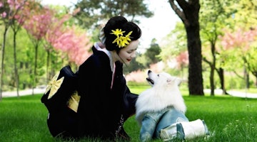 Geleneksel Japon kimonosu giymiş bir kadın, yanında küçük beyaz bir köpekle parkta duruyor. Kadının saçları sarı çiçeklerle süslüdür ve kimonosu mavi ve beyaz desenlerle bezenmiştir. Köpeğin üzerinde açık mavi bir ceket var ve ağzı oyuncu bir tavırla açık. Arkalarında, yemyeşil bir tarla uzaklara doğru uzanıyor ve çimlerin üzerinde oturan küçük bir kedi görülüyor. Kadının yüzü sakin ve huzurludur ve bulunduğu ortamdan memnun görünmektedir.