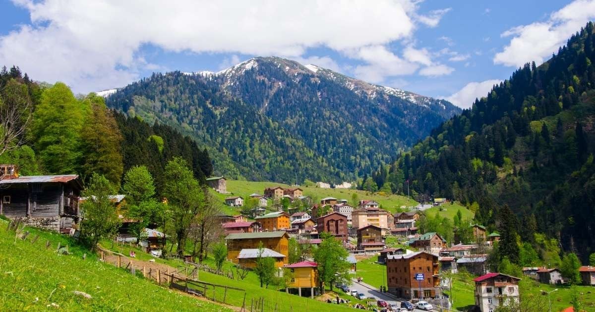 Bu görüntü bir tepenin yamacında yer alan küçük bir kasabayı tasvir ediyor. Kasaba yemyeşil tepeler ve arka planda yükselen dağlarla çevrili ve bunların hepsi kar örtüsüyle kaplı. Kasaba, pembe çatılı sarı bir ev, teneke çatılı ahşap bir kulübe ve yan tarafında bir tabela bulunan bir bina da dahil olmak üzere çeşitli binalarla doludur. Ayrıca, çimenlik alanı kasabadan ayıran bir çit de görülebiliyor. Genel olarak bu görüntü, dağların huzurlu manzarasıyla iç içe geçmiş küçük bir kasabanın huzurlu ama çarpıcı bir sahnesini yakalıyor.