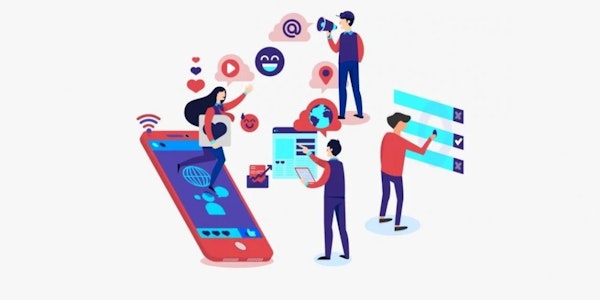 Görüntüde mobil cihaz kullanan bir grup insan görülüyor. Görüntünün merkezinde bir adam iki eliyle bir tablet tutmaktadır. Adamın sağında, beyaz bir nesne tutan bir adam karikatürü var. Adamın solunda bir kişi cep telefonunun üzerinde durmaktadır. Daha solda, kalbi olan bir kadın karikatürü görülüyor. Sol üst köşede, üzerinde gülen yüz bulunan mavi bir daire var. Görüntüdeki insanlar mobil cihazlarını keyifli bir şekilde kullanıyor gibi görünüyor. Sahne neşeli ve pozitif enerjiyle dolu. Renkler canlı ve aydınlatma iyi dengelenmiş. Görüntünün odak noktası mobil cihazlarını kullanan bir grup insan.