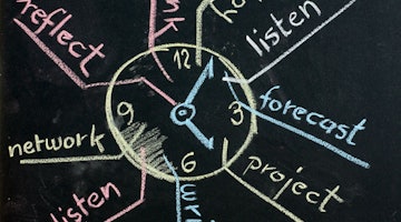 This image shows a clock with text written on a blackboard. The clock has different colored arrows pointing in various directions. In the center of the clock is a white circle surrounded by smaller white circles. In the corner of the blackboard is a white letter written on a black surface. Close up, one can see chalk drawings of numbers and letters on the blackboard. To the right is a white word written on a black surface. The overall background of the image is black. All of these elements come together to create a captivating image of a clock with text on a blackboard.