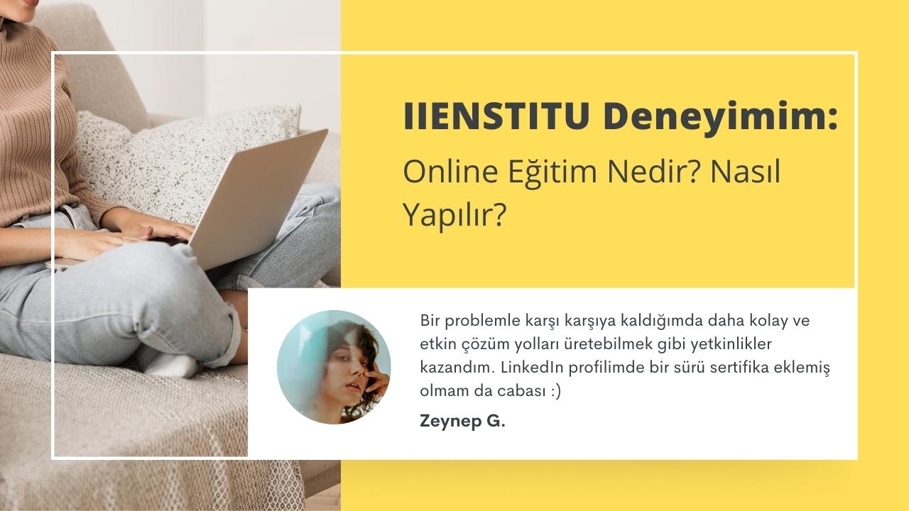 Bir kadın elinde dizüstü bilgisayarıyla kanepede oturuyor. Diğer elini yanağına koymuş, dikkatle ekrana bakıyor. Gözleri dizüstü bilgisayara odaklanmıştır ve bacakları rahat bir şekilde çaprazlanmıştır. Dizüstü bilgisayar kucağına yerleştirilmiş ve arka plan siyah metinli sarı bir tabeladan oluşuyor. Açık yeşil bir üst ve koyu renk bir kot pantolon giymiştir. Işık yumuşak ve sıcaktır, sahneye rahat bir atmosfer verir. Kanepe kirli beyaz renkte ve desenli kumaşı yakından görülebiliyor.