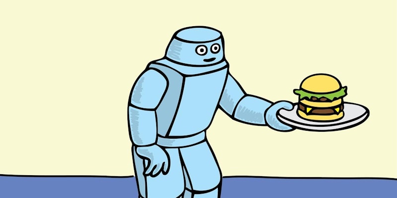 Elinde parlak yeşil saplı, iki yapraklı ve sarı çiçekli bir bitki tutan bir robot karikatürü. Robot beyazdır ve iki gözü, siyah bir ağzı ve kafasında iki anteni olan yuvarlak bir şekle sahiptir. Mavi bir gömlek ve tokalı siyah bir kemer giymektedir. Robotun sol elinde kahverengi bir burger, bir marul yaprağı ve bir dilim domates bulunan bir tabak yemek tutmaktadır. Arka plan beyaz kabarık bulutlarla açık mavi bir gökyüzüdür. Çizgi film renkli, sevimli ve davetkârdır.