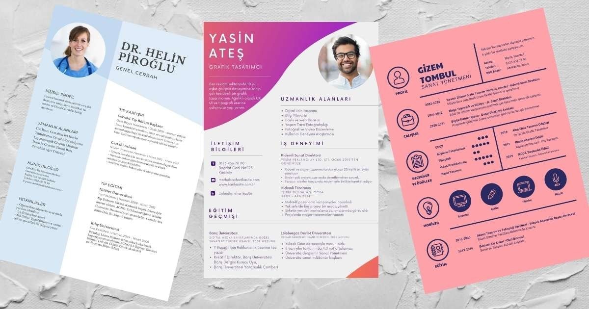 Bu resimde metinli birkaç renkli kağıt görülebilir. Solda mavi ve beyaz metinli pembe ve mavi bir kağıt var. Sağda, gözlük takmış ve gülümseyen bir erkek yüzü olan mor ve beyaz bir el ilanı. Ortada ise kadın yüzlü mavi beyaz bir cv görülüyor. Ek olarak, görüntünün alt kısmına yakın bir yerde daire içinde bir kişinin siyah çizgi çizimi var. Sahnenin geneli canlı renkler ve ilginç şekillerle dolu. Enerji ve yaşam hissi veren farklı ve büyüleyici bir kompozisyon.