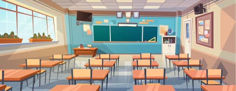 Bu sınıfta, odanın önünde bir kara tahta ile bir dizi masa ve sandalye bulunmaktadır. Kara tahtanın üzerinde yeşil bir tahta ve üzerinde beyaz bir kağıt var. Ayrıca, tavanın köşesinde bir hoparlör ve saksıda bitkilerin bulunduğu bir pencere var. Yan tarafta, üzerinde birkaç kitap bulunan beyaz bir dolap var. Ön tarafta bir kişinin elinin bulanık bir görüntüsü var. Masalar ve sandalyeler küçük bir grup halinde düzenlenmiş, birkaç masa ve sandalye de odanın etrafına dağılmış. Oda genel olarak öğrenme ve merak duygusuyla doludur.