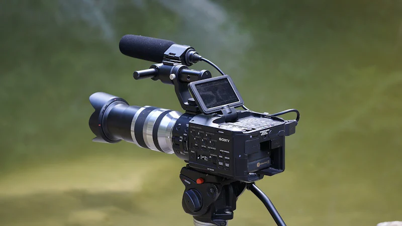 Üzerine kamera monte edilmiş bir tripod bu görüntünün odak noktasıdır. Kamera çerçevenin ortasına yerleştirilmiş ve alt kısmında kavisli bir metal nesne var. Kamera merceği yakın plandadır ve yan tarafında mavi bir nesne vardır. Kamera kafası da çerçevede görülebiliyor ve yanında siyah bir video kaydedici var. Objektifin net bir görüntüsü odaktadır ve kamera ile tripodun renkleri iyi tanımlanmıştır. Görüntünün tüm ayrıntıları çok nettir, bu da onu bir görüntü başlığı veri seti hazırlamak için ideal kılar.