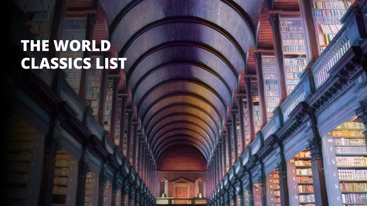 This image shows a large library with bookshelves. The shelves are filled with books of various sizes and colors. The library has a large arched ceiling with many windows, letting in natural light. In the center of the image is a white letter on a black background, which could be part of a sign. There is also a wooden wall with a wooden door to the side. In the foreground of the image is a close up of a circular object, which could be a globe or a circular window. Lastly, there is a blur of bookshelves with books in the background.