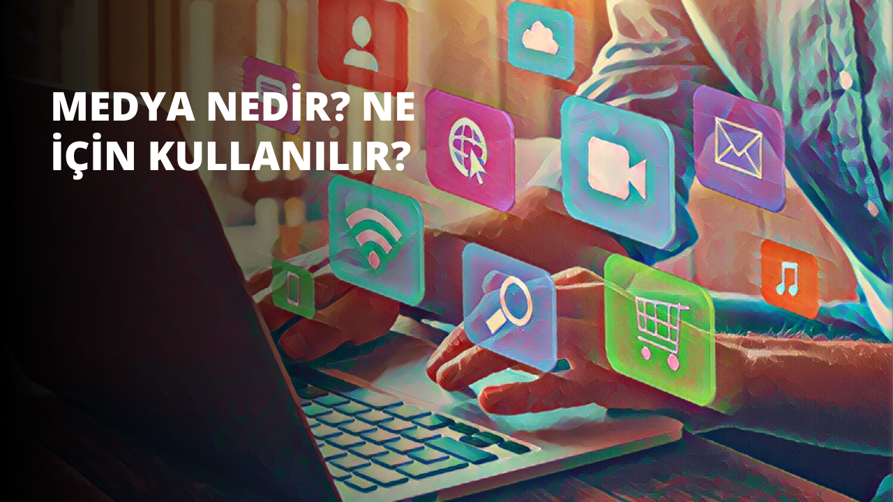 Bir kişi dizüstü bilgisayarın başında oturmuş, bir şeyler yazıyor. Dizüstü bilgisayar koyu renkli görünüyor ve kişinin elleri klavyenin üzerinde. Görüntünün arka planında, üzerinde bir alışveriş sepeti çizilmiş yeşil bir kutu ve üzerinde bir logo bulunan pembe bir kare var. Görüntünün ortasında yakın çekim bir kamera ve yanında yakın çekim bir wifi sembolü var. Görüntünün sağ tarafında, sarı bir kare ile mor bir karenin yakın çekimi ve yanında mavi bir nesnenin yakın çekimi var. Kişinin yüzü görünmüyor, ancak dizüstü bilgisayarın ve arka plandaki nesnelerin ayrıntıları belirgin.