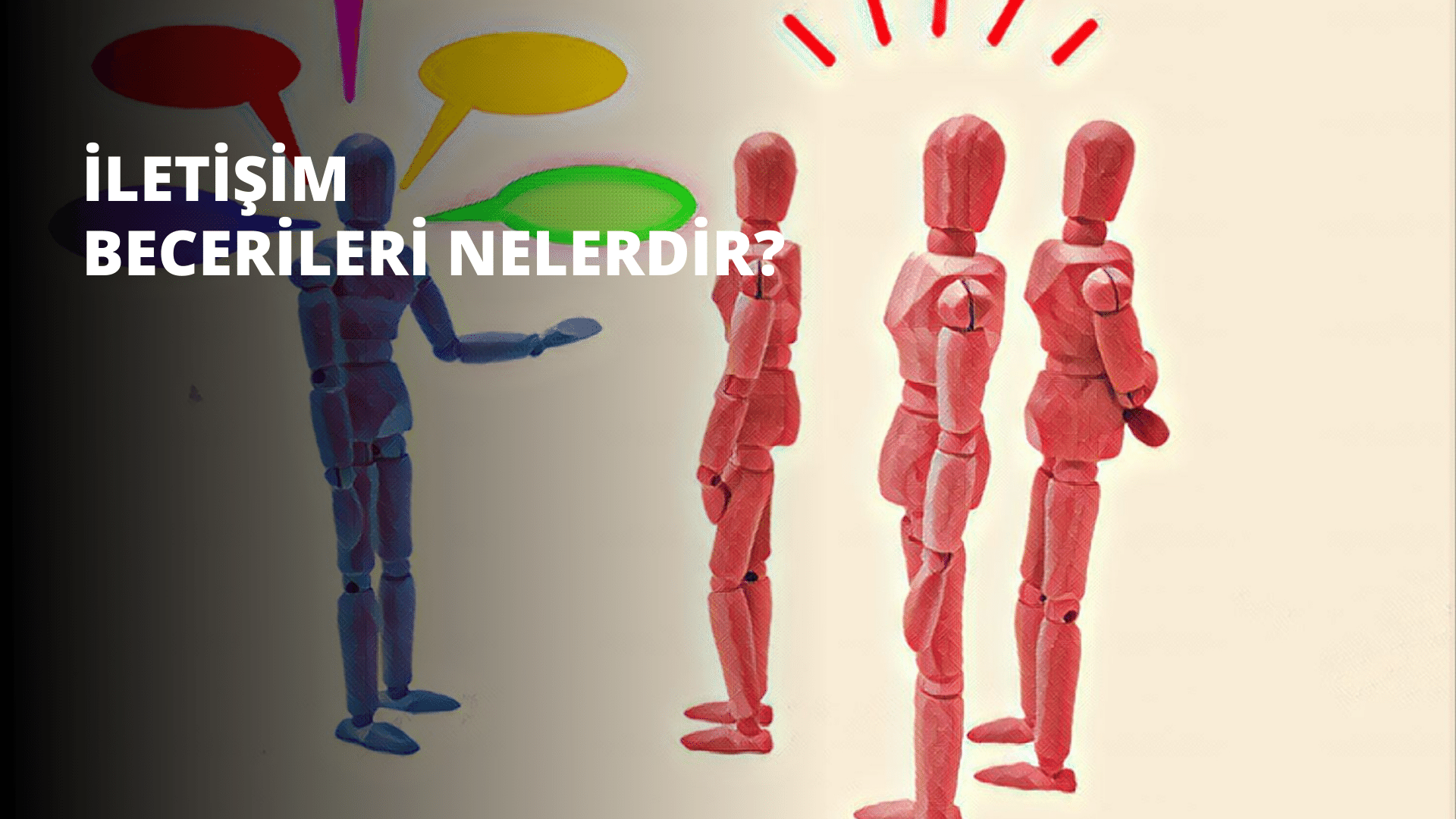 Resimde bir grup ahşap figür görülüyor. Kolları ve bacakları olan kırmızı bir kukla, bir eli dışarıda mavi bir robot ve sarı ve yeşil bir baloncuk var. Ön planda bir el ve bir eldivenin yakın çekimi var. Ayrıca yeşil ve beyaz bir daire ve beyaz metinli kırmızı bir baloncuk var. Kuklanın beyaz desenli parlak kırmızı giysileri vardır ve robot gri desenli mavidir. Sarı ve yeşil baloncuk dairesel, yeşil ve beyaz daire ise yuvarlaktır. Kırmızı baloncuğun üzerindeki beyaz metin okunaklıdır. Bu sahne, benzersiz ve ilginç bir görüntü oluşturan çeşitli unsurlardan oluşmaktadır.