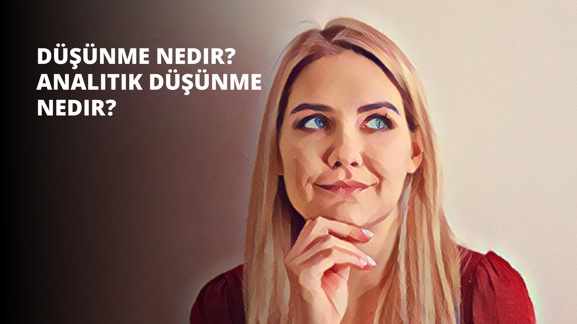 Elini çenesine dayamış genç bir kadın bu görüntünün odak noktasıdır. Yüzü kameraya dönüktür ve sarı saçları yüzünden geriye doğru toplanmıştır. Üzerinde beyaz yakalı kırmızı bir gömlek ve siyah bir etek var. Elini çenesine götürmüş ve işaret parmağı hafifçe dudaklarına dokunuyor. Yüzünde düşünceli ve dalgın bir ifade var. Arka plan hafifçe bulanık, bu da onu ana odak noktası haline getiriyor. Işık onun yüz hatlarını ince bir şekilde vurguluyor. Bu, onu derin düşüncelere daldığı bir anda yakalayan samimi bir an.
