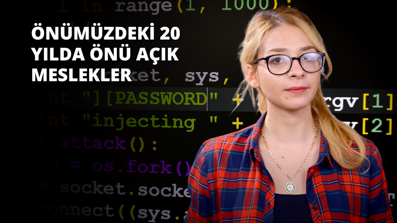 Gözlüklü ve kırmızı flanel gömlekli bir kadın, dümdüz karşıya bakıyor. Kahverengi saçlarını dağınık bir şekilde topuz yapmış ve boynuna gümüş bir kolye takmış. Dudaklarında küçük bir gülümseme var ve gözleri gözlüklerinin arkasına saklanmış. Arka planda bulanık bir saat resmi ve yanan bir e harfi var. Ayrıca siyah zemin üzerinde yeşil bir daire ve siyah zemin üzerinde beyaz bir metin var. Kadın, koyu kırmızı bir duvarla çevrili iyi aydınlatılmış bir odadadır.