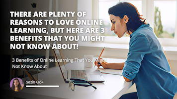 A woman sits at a desk, her face illuminated by the light of her laptop computer. She holds a pencil in her right hand and a mug in her left. She wears a white shirt and her long black hair is pulled back from her forehead. On the desk beside her is a bag. Behind her is a blurry image of a tree. In the top right corner of the image is a white letter on a gray background and a shadow of a glove in the bottom left. She looks up at the camera, smiling. She looks content and ready to work.