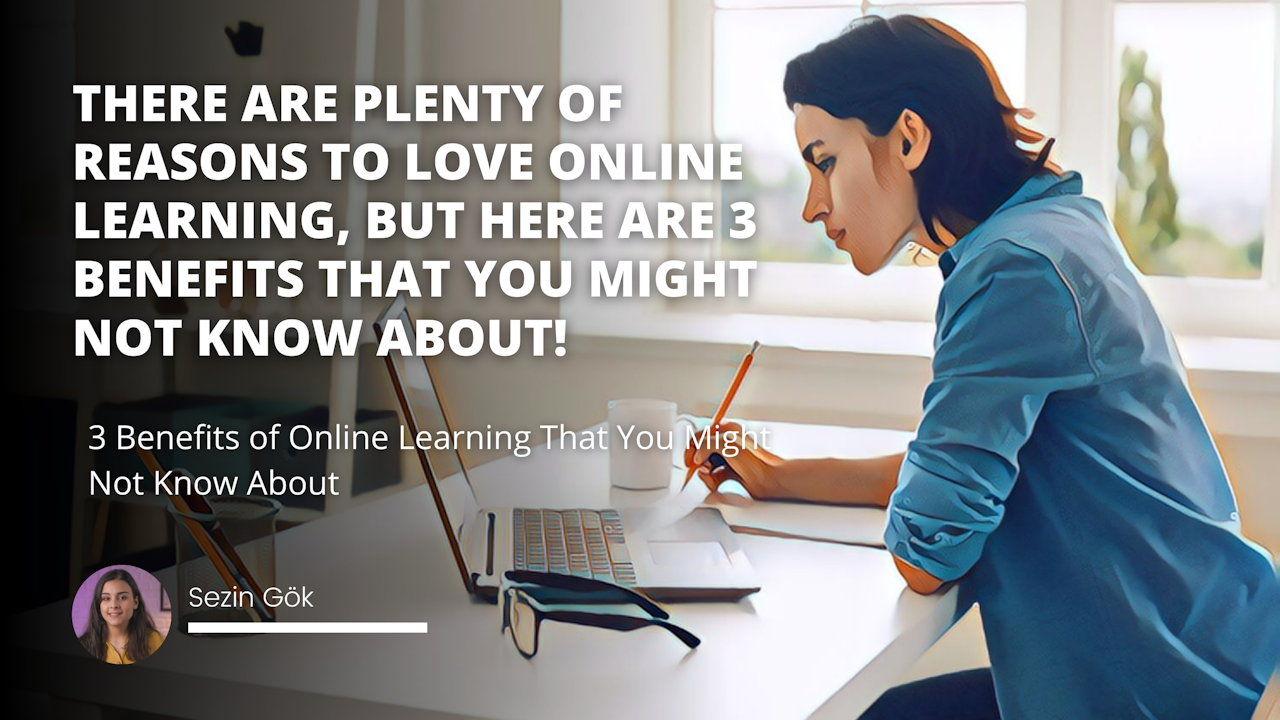 A woman sits at a desk, her face illuminated by the light of her laptop computer. She holds a pencil in her right hand and a mug in her left. She wears a white shirt and her long black hair is pulled back from her forehead. On the desk beside her is a bag. Behind her is a blurry image of a tree. In the top right corner of the image is a white letter on a gray background and a shadow of a glove in the bottom left. She looks up at the camera, smiling. She looks content and ready to work.