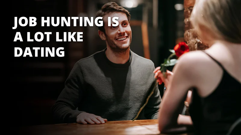 A man and woman are standing close together, looking at each other with happy expressions. The man has a warm smile on his face and is wearing a white shirt. The woman is wearing a red dress and is holding a red rose in her hand. In the foreground is a blurry image of a person's head, and on the left side is a white letter 'O' on a black background. On the right side, there is a white letter on a brown background. Further to the right, there is a white letter on a black background. The man is smiling and looking at something in the distance. Overall, the scene conveys a feeling of love and tenderness.