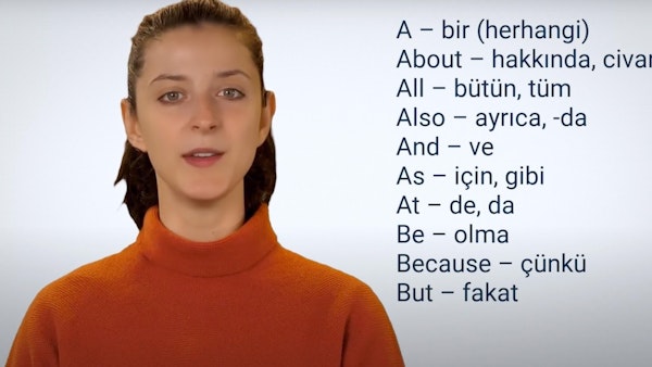 Turuncu bir kazak giyen bir kadın kameranın önünde durmaktadır. Saçları koyu kahverengidir ve yakın çekimde boynu görünmektedir. Elinde beyaz bir tahta tutmaktadır. Arka planda, çerçevenin dört köşesinde de yer alan, beyaz zemin üzerine siyah bir harf var. Doğrudan kameraya bakıyor, ifadesi sıcak ve davetkâr. Kazağı, görüntünün geri kalanında öne çıkan parlak turuncu bir renktedir. Kazak daha koyu ve daha açık turuncuların karışımıyla örülmüş ve geniş bir yakaya sahip.