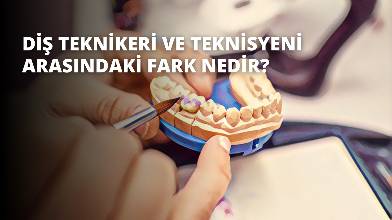 Bir kişi sol elinde bir diş modeli tutmaktadır. Model, diş etleriyle birlikte tam bir diş setine ait ve bir tür plastikten yapılmış gibi görünüyor. Kişinin sağ eli bir bıçak tutuyor ve odaklanmış bir ifadeyle makete bakıyor. Kişinin beyaz bir gömlek ve koyu renk pantolon giydiği görülüyor. Arka plan net değil ama açık gri bir renkte görünüyor. Görüntü bir yakın çekimdir, bu nedenle sadece model ve kişinin elleri odaktadır. Görüntü hafif bir eğimle çerçevelenmiş ve model çerçevede ortalanmış.