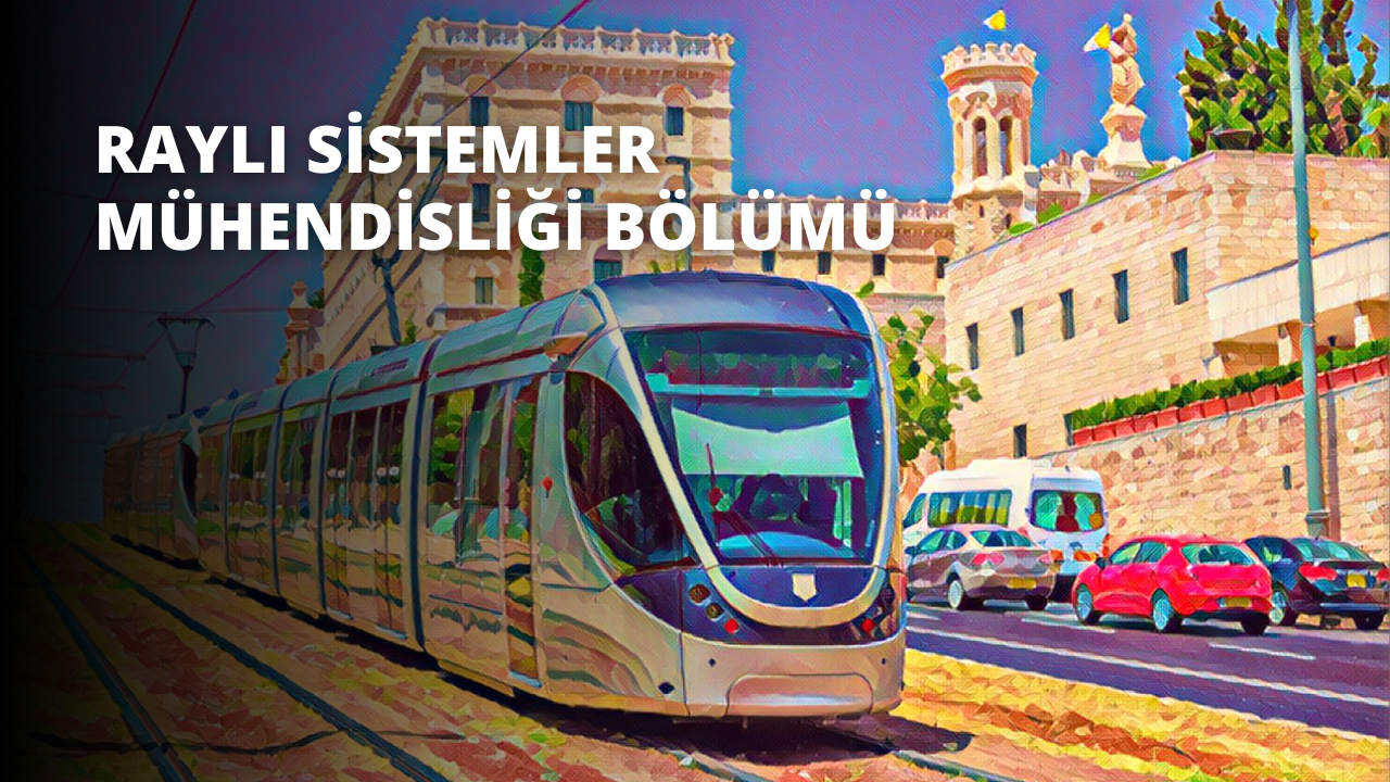Bir tren yolda ilerlerken görülüyor, parlak kırmızı rengi çevreye karşı göze çarpıyor. Trenin üzerinde bulunduğu raylar arka planda görülüyor ve uzakta kırmızı bir araba yolda ilerliyor. Ayrıca ön planda bir arabanın bulanık bir görüntüsü ve arka planda iki arabanın daha bulanık görüntüsü var. Sol üst köşede bir ağacın bulanık görüntüsü ve sağ altta bir yolun yakın çekimi görülüyor. Ayrıca görüntünün ortasında bir sıra kırmızı ve yeşil bitki ve tepeye yakın bir yerde uzun bir kulenin bulanık görüntüsü görülüyor.